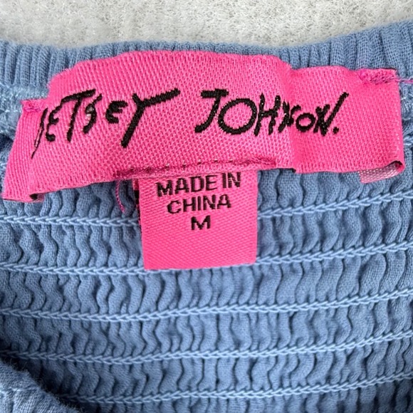 Betsey Johnson Blue Eyelet Smocked Mini Dress Sweetheart Puff Sleeve croquette - Picture 3 of 11